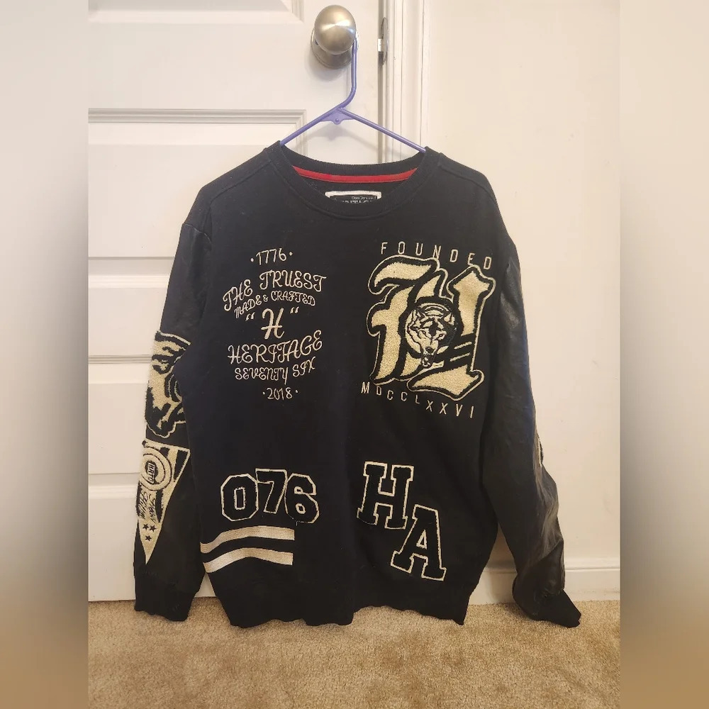 Vtg Heritage America‎ Black Sweatshirt Varsity Leather Sleeves Size XL Mens #B20